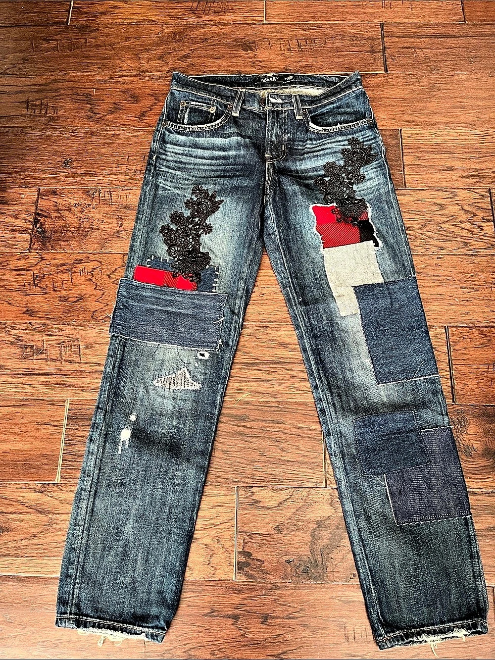 Lauren Ralph Lauren Patchwork Boyfriend Tapered Ankle Jean Jeans Blue & Red